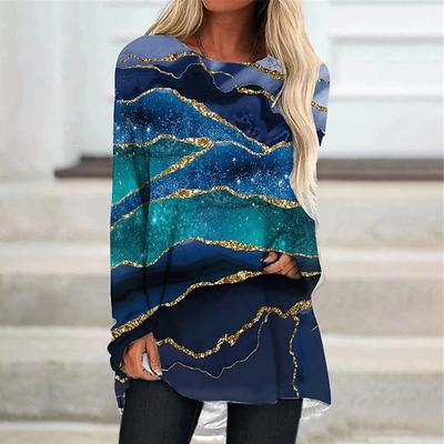 Plus Size Women Spring Marble Pattern Printed Comfy Long Sleeve Round Collar T-shirt Casual Baggy Mid Length Tee Tops