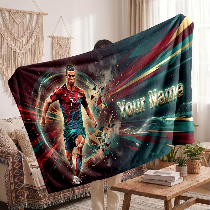 Cristiano Ronaldo Personalized Fleece Blanket With Football Logo, Custom Name Text Soft Warm Home Throw Blanket