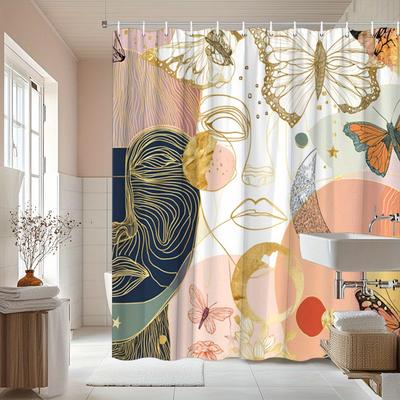 Eleganter Abstraktes Gesicht & Schmetterling Druck Wasserdichter Duschvorhang, Gold & Pastell Design High-End Toilettenabtrennungsvorhang