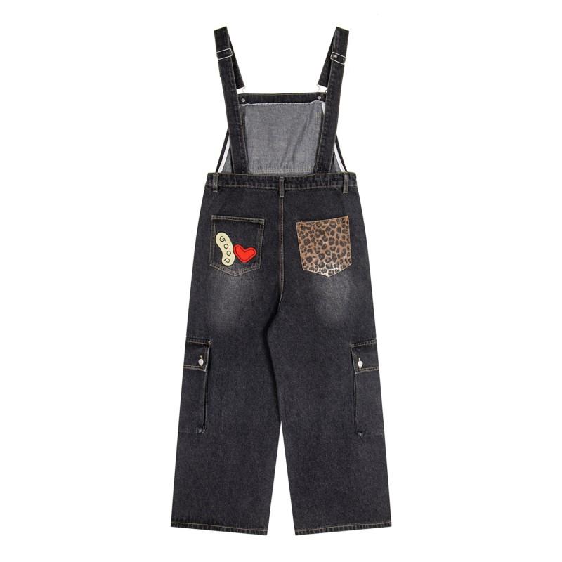 American Vintage Denim Overalls Men Women Leopard Patchwork Loose Wide Leg Embroidery Casual Jeans