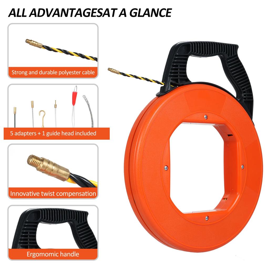 100FT Polyester Electrical Fish Tape Wire Puller Electrical Wire Puller with High Impact Case Cable Retractable Aid Polyester