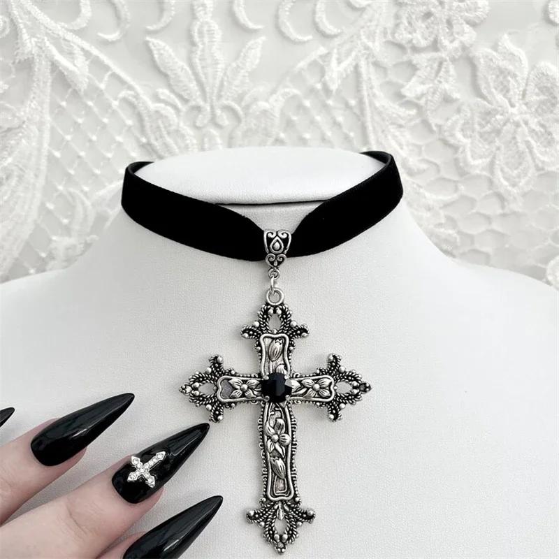 Black Velvet Cross Bead Choker Necklace Gothic Punk Jewelry for Women Halloween Statement Piece