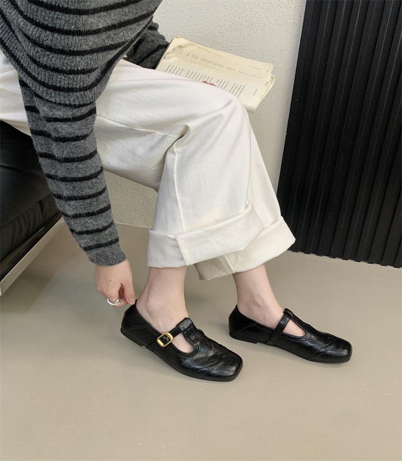 

Japanese T-shaped Mori women s shoes retro Brock small leather shoes versatile flat casual loafers black beanie shoes 39 чёрный