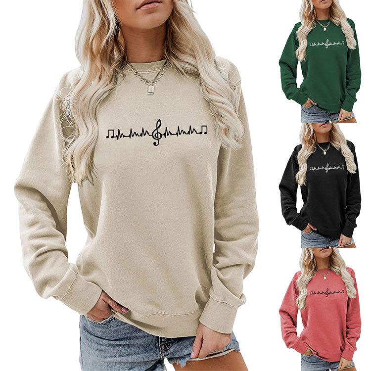 Avrupa & Amerikan Moda Sekizinci Nota Baskılı Çok Yönlü Yuvarlak Yaka Kapüşonlu Sweatshirt - Sonbahar Konforu