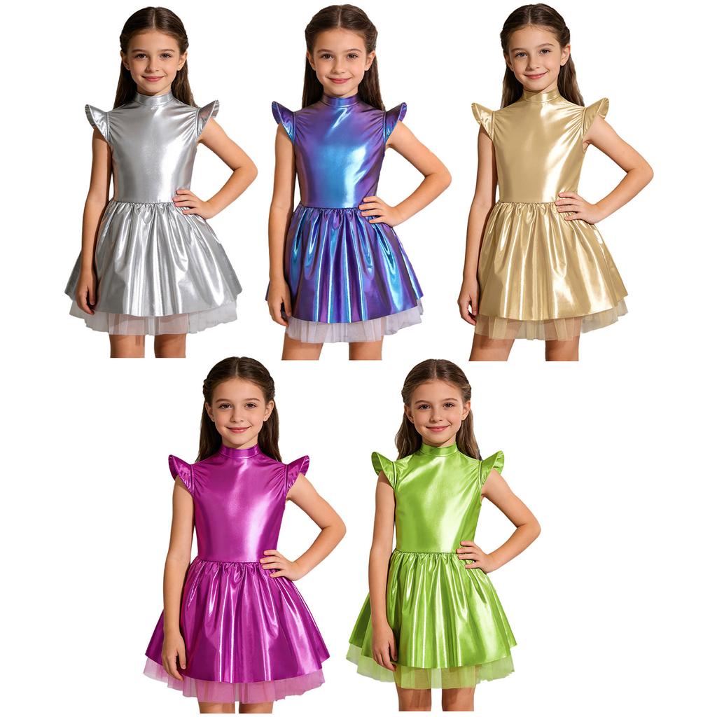 Schillerndes Alien-Tutu-Kleid für Mädchen, Glänzendes Kostüm mit Stehkragen, Flatterärmeln & Reißverschluss hinten, Bühnenauftritt & Party