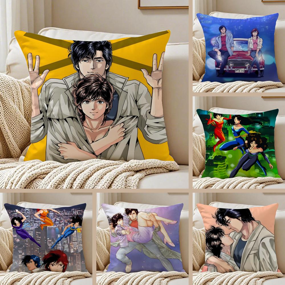 Japanese Manga CCity Hunter Cushion Cover Pillowcase Antidustmite Invisible Zipper Short Plush Sofa Cushion