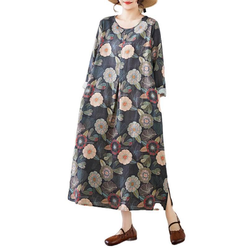 Spring 2026 New Style Plus Size Printed Long-Sleeved Dress with Round Neck