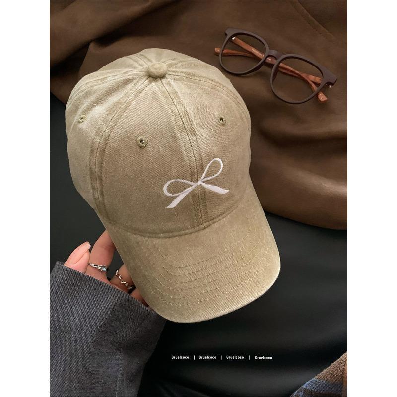 Retro Washable and Old Bow Embroidered Baseball Cap for Women  New Spring Style  Large Brim  Bare Face Covering Baseball Cap