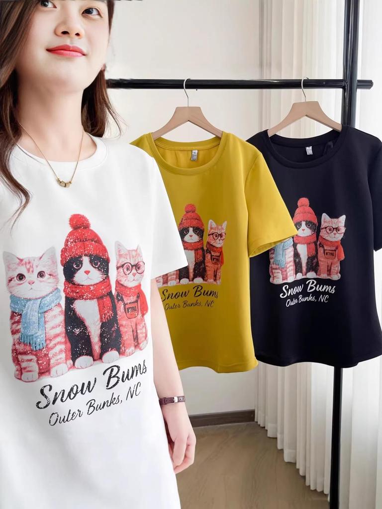 2026 Summer Korean Style Loose Fit Cartoon Cat Print Plus Size Pullover T-shirt for Women