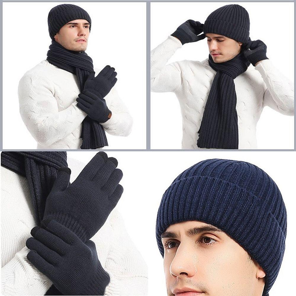 Soft Hat Scarf Gloves Set Solid Color Winter Cable Beanie Hat Knitted Cap for 3Pcs/Set Men