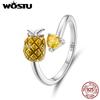 WOSTU 925 Silver Pineapple Open Ring With Yellow Citrine Creative Fruit Statement Boho Rings Jewelry Gift For Vacation