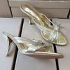 Ins style Gold Bowknot Women Slippers Sandals Elegant Stiletto High heels Chic Mules Slides Summer Party Dress Shoes