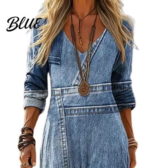 Versatile Women's Dress Denim Print Maxi for Women Casual Long Sleeve V Boho