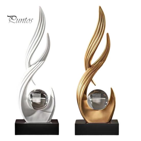Elegant Craftsmanship Statue Abstract Decorative Sculpture with Clear Crystal Ball, Modern Flowing Curve Tabletop Decor Golden for Office Desk