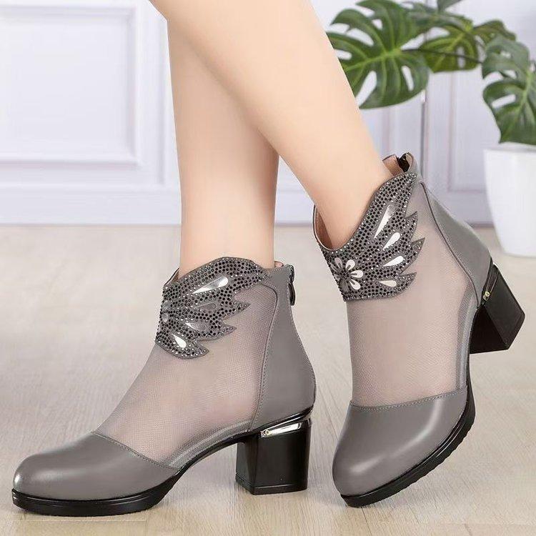 Women's 2025 Summer Heeled Sandal Boots - Mid Block Heel Mesh Ankle Booties Fashion Breathable Mom Shoes