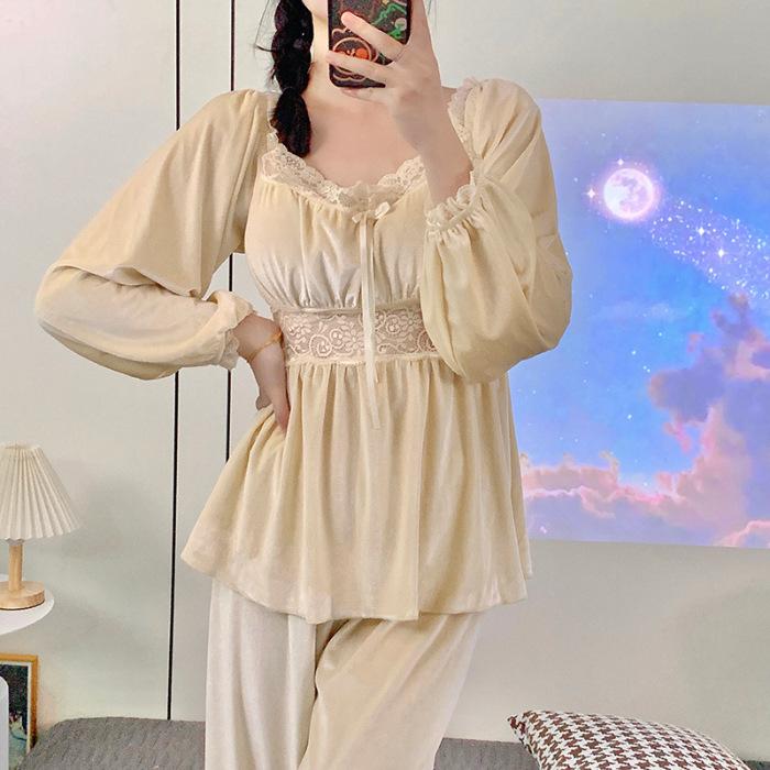 Autumn Winter Velvet Pajamas Women's Sleepwear Home Wear Sweet Palace Princess Style Pijamas Trouser Suits Sexy Lace Loungewear