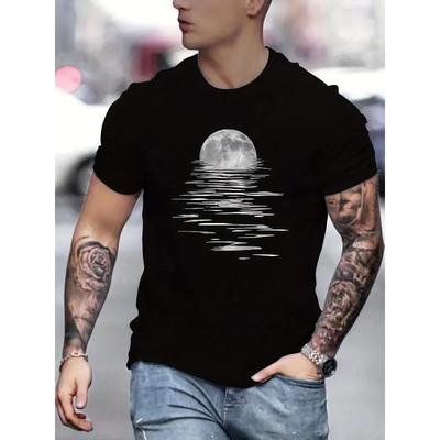 Europäische Größen Herren Stylisches Mond Kreativer Aufdruck T-Shirt, Rundhals Kurzarm, Vielseitiges Oberteil Für Frühling Und Sommer, Trendige Streetwear Mode