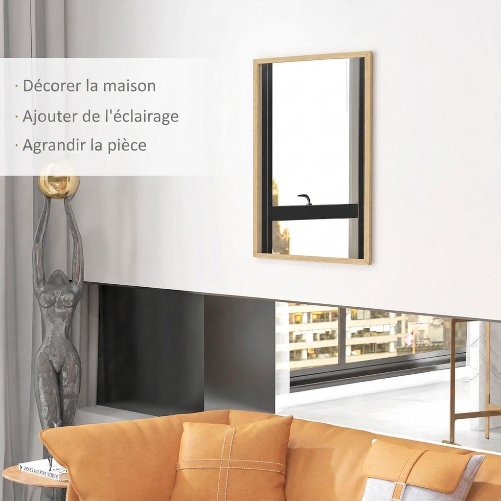 Rectangular Wall Mirror 90 X 70 Cm Wooden Frame Ideal For Bathroom Living Room Or Bedroom Natural