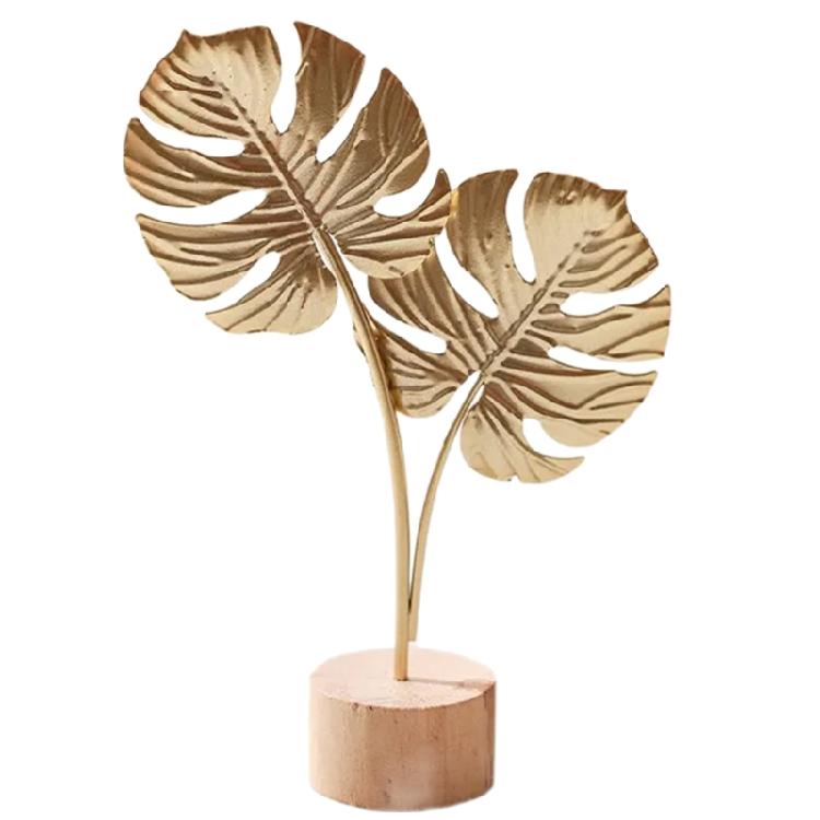 Golden Leaf Sculpture with Wood Base Ornament Ginkgo Palms Leaves Statue Figurine Table Adornment Office Desktop Decor