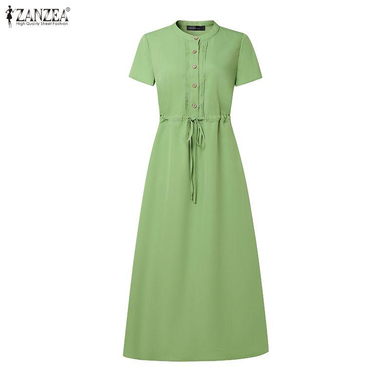 ZANZEA Women Casual Round Neck Solid Color Loose Short Sleeve Dress