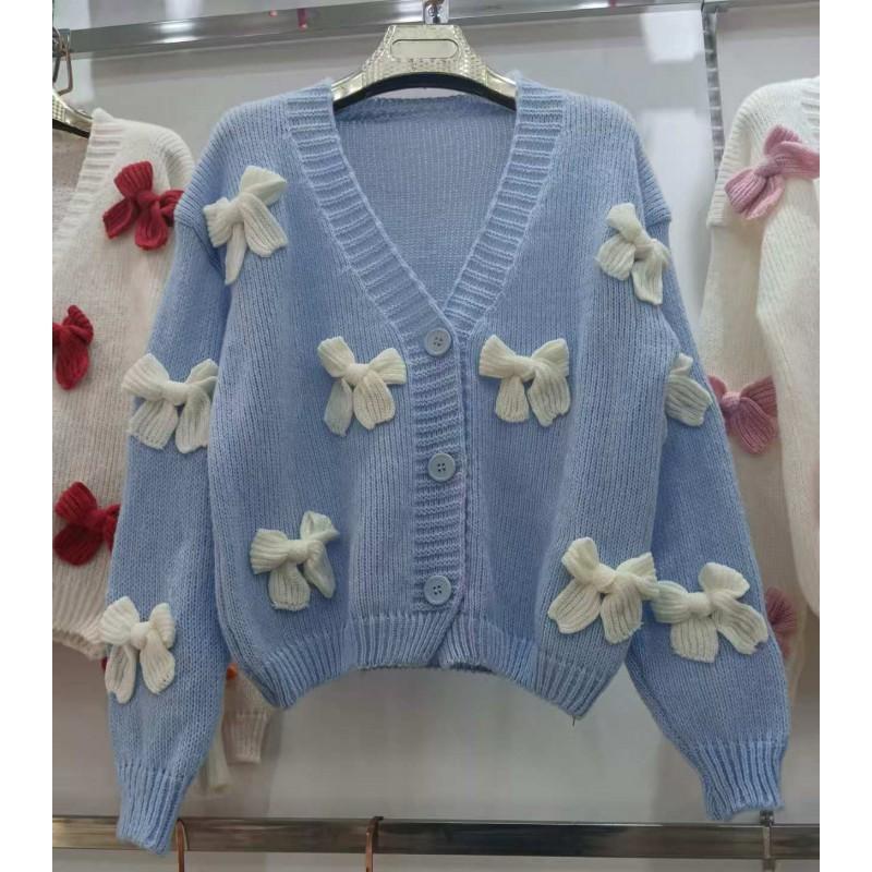 2026 Womens V-Neck Knit Cardigan Loose 3D Bow Sweater Coat Soft Warm Winter