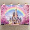 Charmant château de princesse avec fond floral, fleurs de cerisier roses et arc-en-ciel - convient pour les mariages, les anniversaires