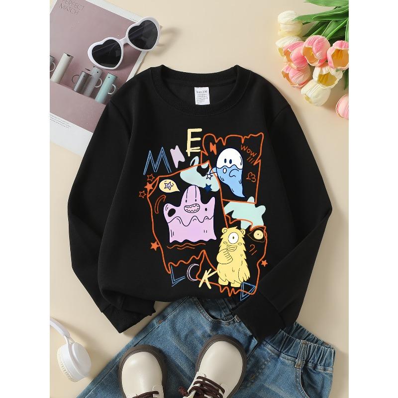 Kids Crewneck Sweatshirt, Cute Cartoon Ghost Monster Creative Print,Daily Casual Top for Spring & Autumn