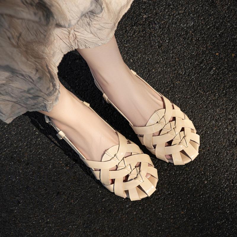 Fashion NEW Summer Women Sandals Patent Leather Shoes for Women Round Toe Low Heel Shoes Narrow Band Bcukle Strap Shoes Weave Sandals