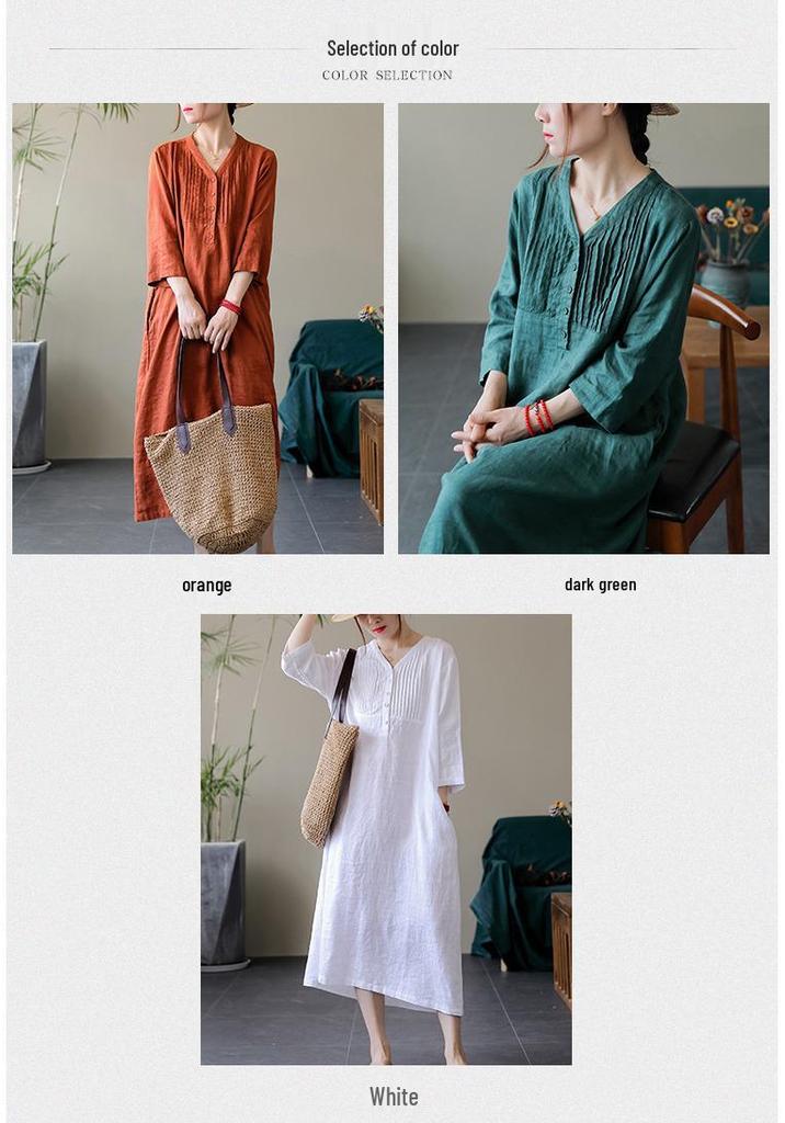Women's Artistic Retro V-Neck Cotton Linen Dress – Single-Breasted, Casual, Five-Sleeve, Loose Fit for Summer 2025.