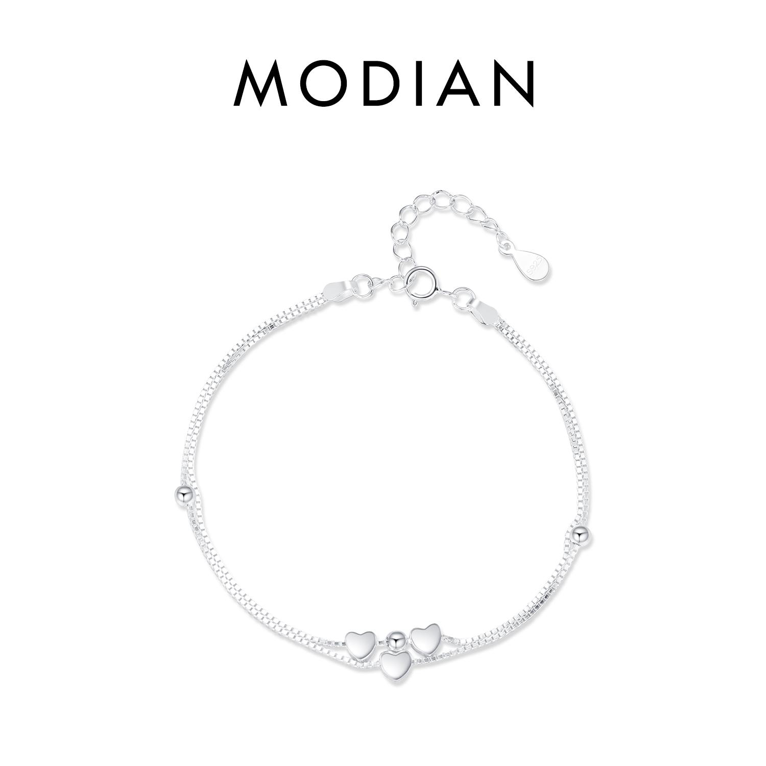 

Модиан, двухслойный браслет из стерлингового серебра 925 пробы с сердечками, простая регулируемая цепочка для женщин, ювелирные изделия, рождественские подарки серебряный
