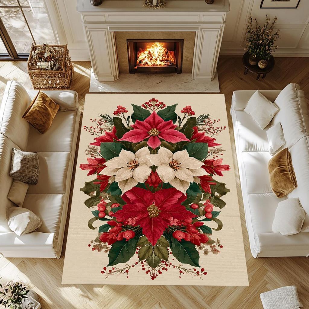 Christmas Poinsettia Floral Area Rugs Non-Slip Washable Carpet for Bedroom Living Room Rug Holiday Decor Floor Mat