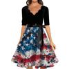 Women’s Vintage A Line Dress with Scalloped Neckline 34 Sleeve and Waistband Flag Print Skater Midi Dress