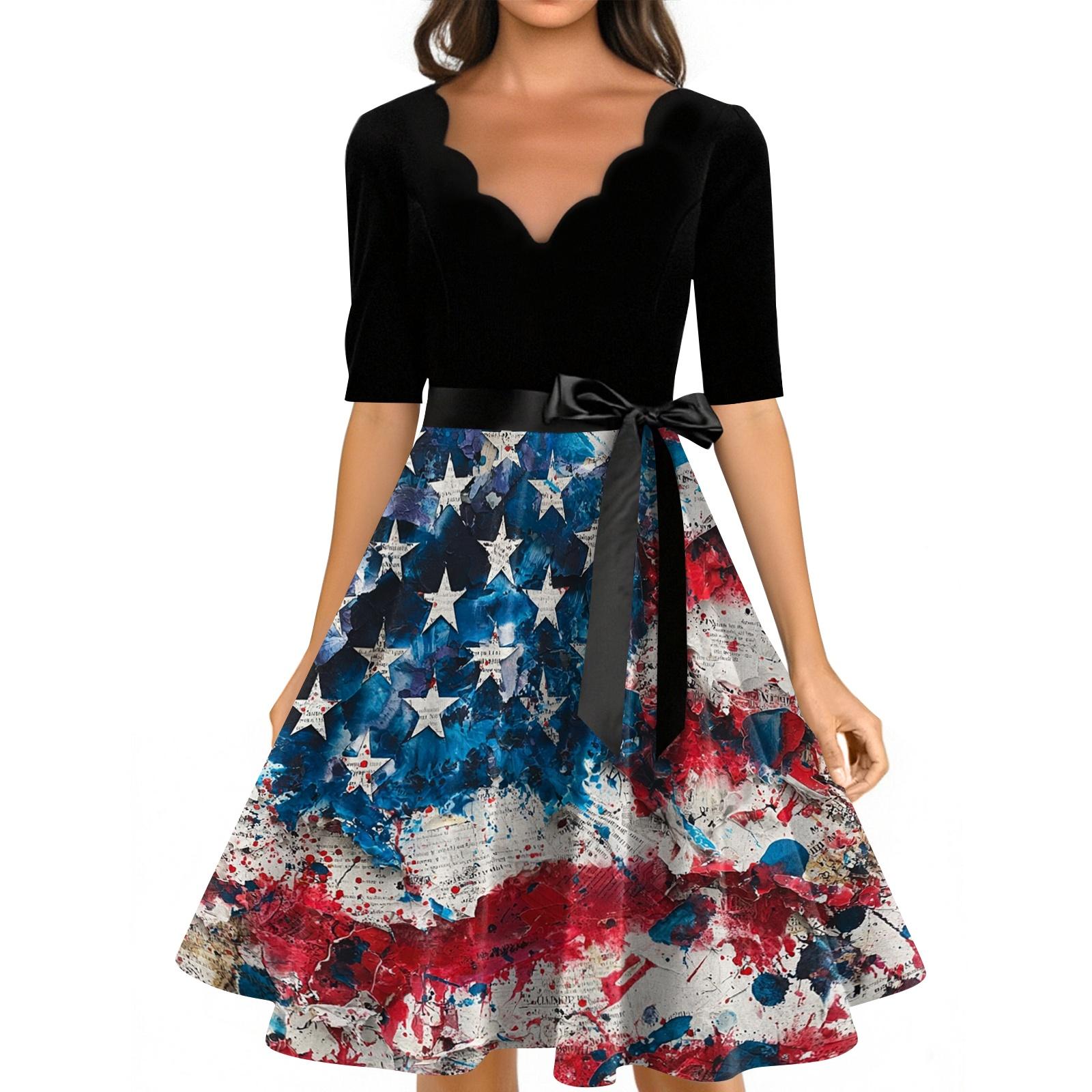 

Женское повседневное модное платье с принтом ко Дню Независимости, V-образным вырезом, в ретро-стиле, с коротким рукавом L синий