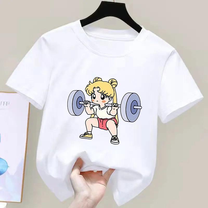 Sailor Moon Lifting Iron Fitness Kids TShirt Cotton Girl Children ParentChild Summer Cute Sweet Fun Short Sleeves Top