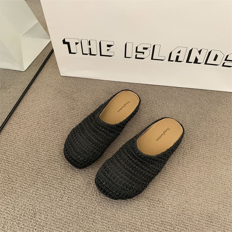 Wind woven hollow breathable bag head half slippers women wear flat bottom summer new lazy sandals