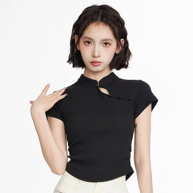 2026 Summer New Pure Cotton Short-Sleeve T-Shirt for Women, New Chinese Style Stand Collar, Slim Fit, Versatile, National Style Design Black S