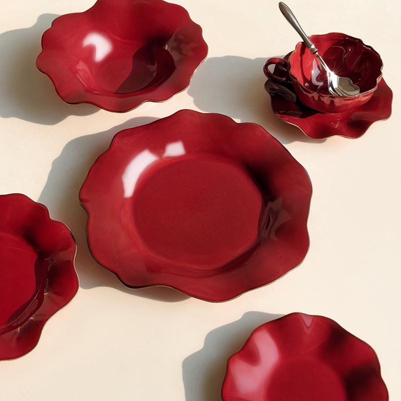 Tai Life Luxurious Red Ceramic Wave Plate - Perfect for New Year, Weddings, Housewarming, or Everyday Dining.