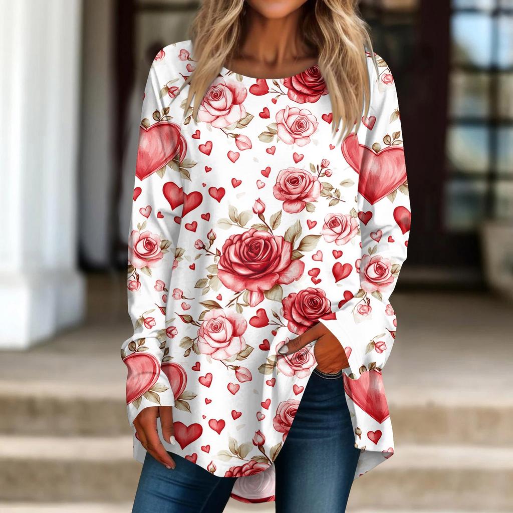 Damen Locker Bedrucktes Rundhals Langarm T-Shirt Top Pullover Langarmtop