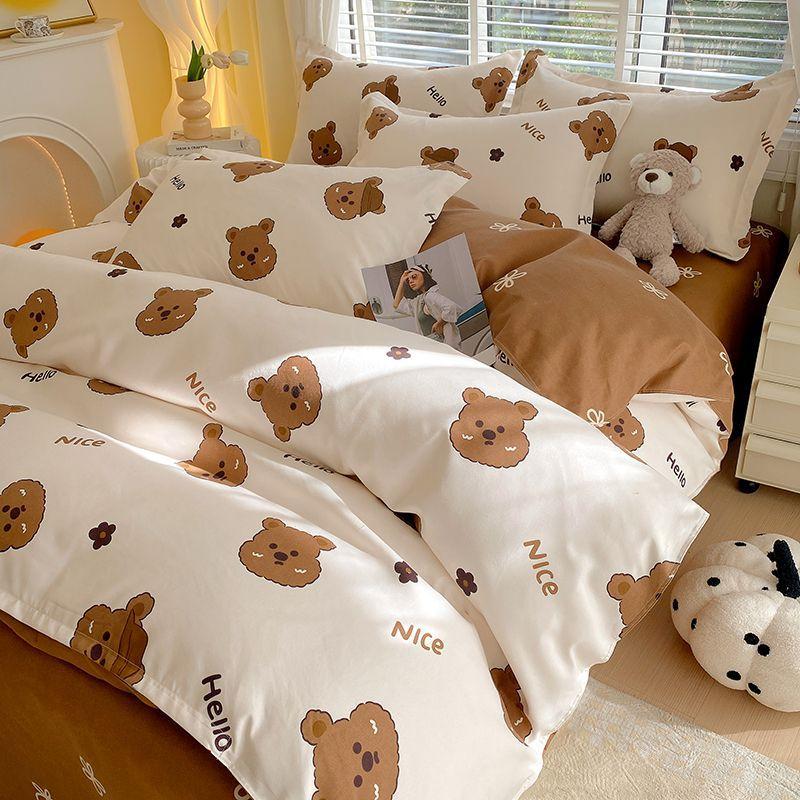 Vierteiliges Bettwäsche-Set, Bettwäsche, Gewaschene Baumwolle Sandgestrahlt Verdickter Bettbezug, Stepplaken, Studentenwohnheim Einzelbettbezug Dreiteiliges Set