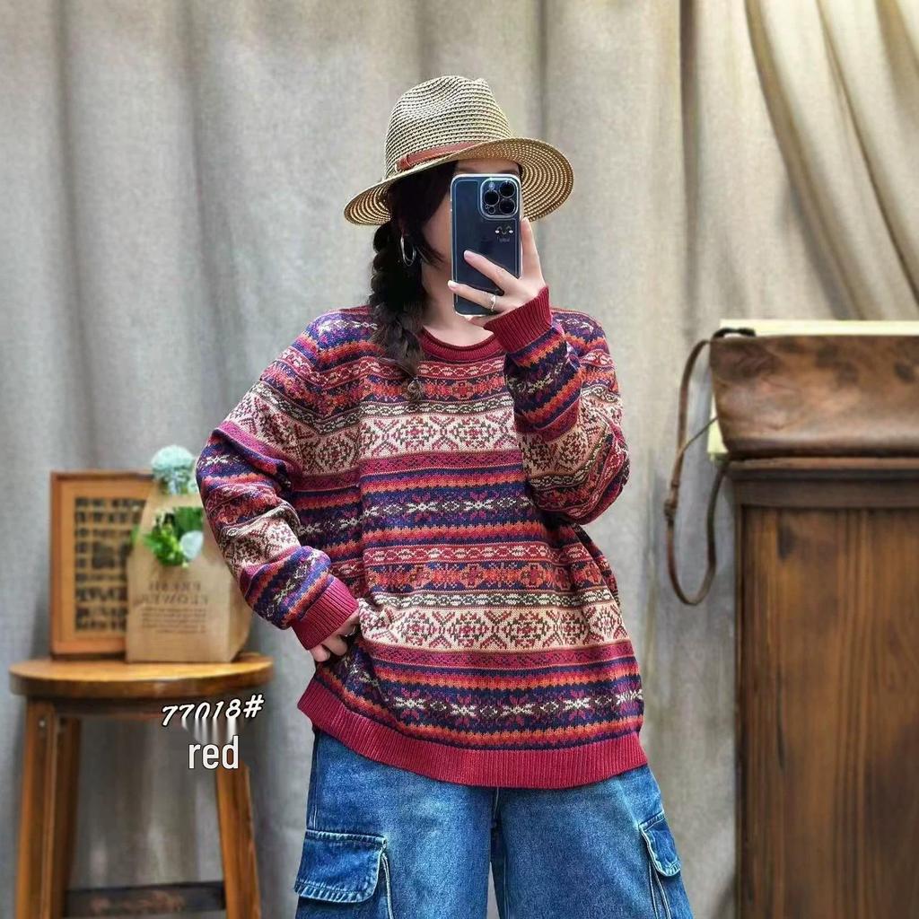 Women's Korean Style Jacquard Sweater: Loose Casual Round Neck Knit Pullover for Autumn/Winter