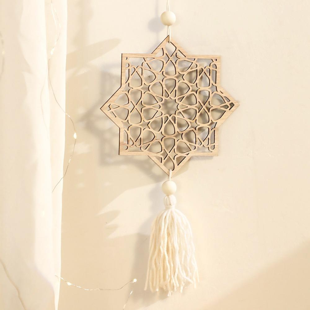 Handmade Moon Star Hollow Mesh Wall Decor Wooden Handicraft Pendant  Ramadan Celebration