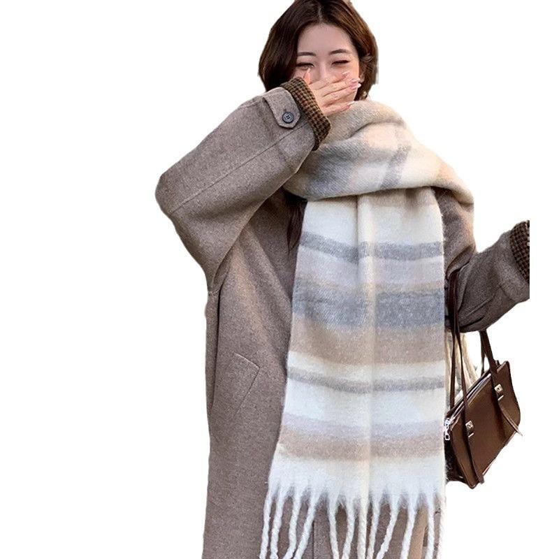 New Maillard Mohair Color Matching Striped Scarf Women's Autumn and Winter Korean Version Versatile Fashion Thickened Fringed Scarf