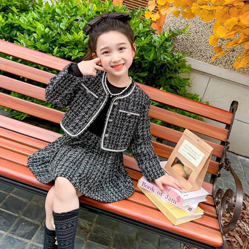 Girls Jacket Short Skirt Set Spring Autumn Children's Long Sleeve Two Piece Clothes