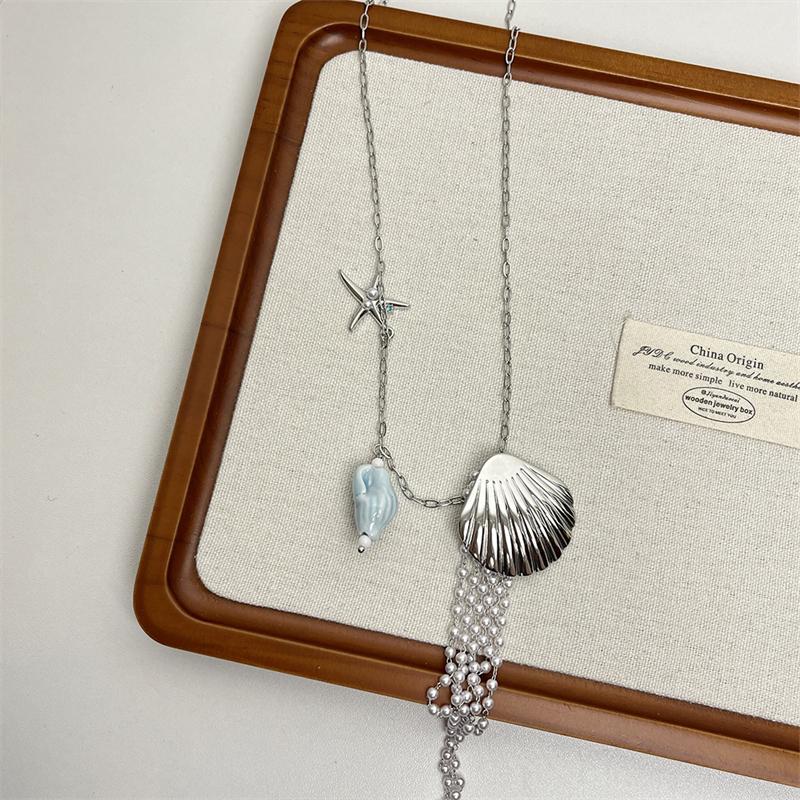 New Trendy Metal Starfish Tassel Necklace for Women Hip Pop Silver Color Shell Conch Pendant Necklace Long Chain Jewelry Gift