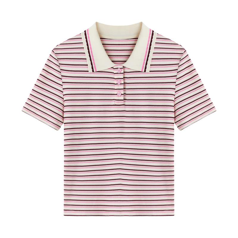 Women s Striped Color-Block Lapel Knit T-Shirt S