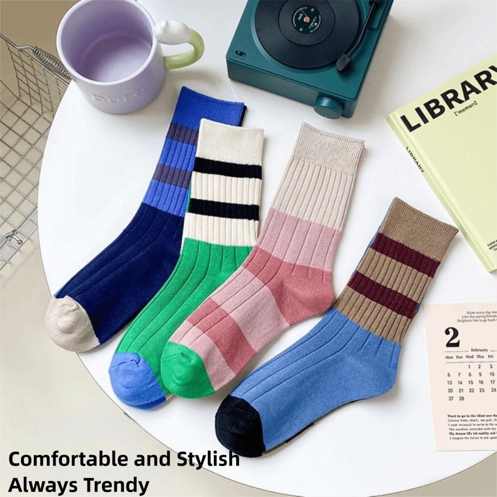 A Pair Fashion Warm Cotton Socks Soft Asymmetrical Mid Tube Socks Moisture Wicking Stripes Womens Crew Socks at All Seasons