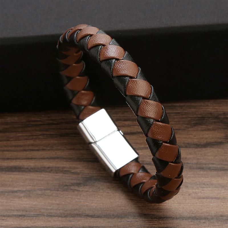 Braided Rope Woven Black Leather Men Bracelets Punk Style Stainless Steel Bangle for Friend Charm Fashion Jewelry Gifts