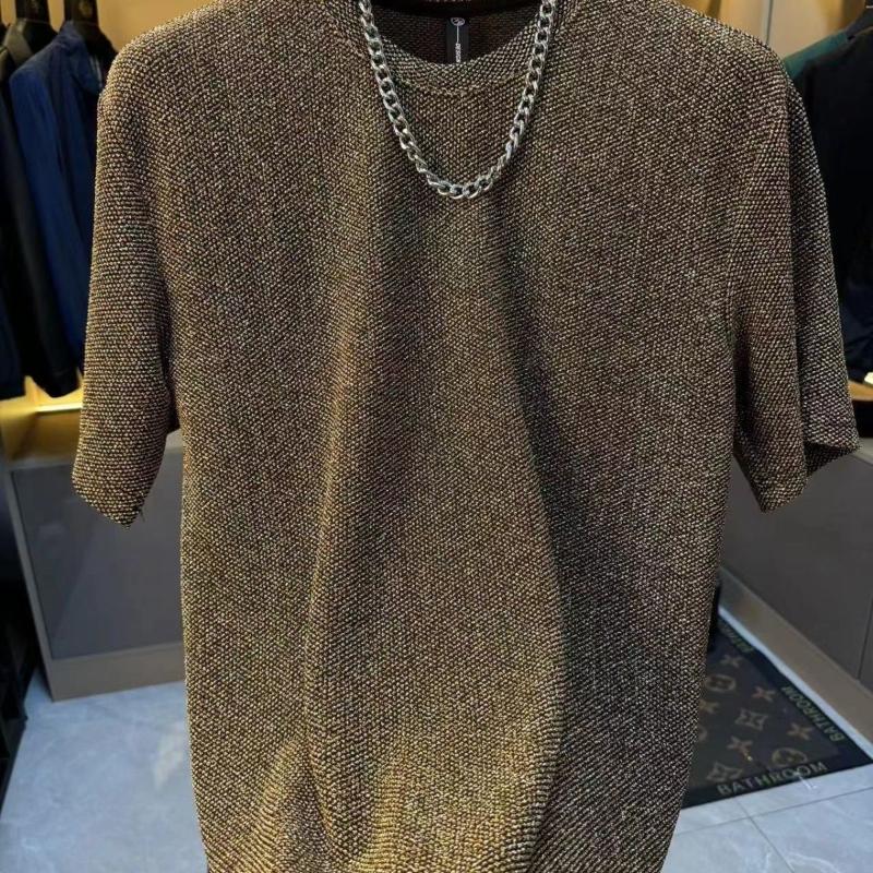 Весенне-летняя мужская модная золотая высокоэластичная круглая горловина легкая роскошная облегающая трендовая утягивающая футболка с короткими рукавами жаккард S золотой