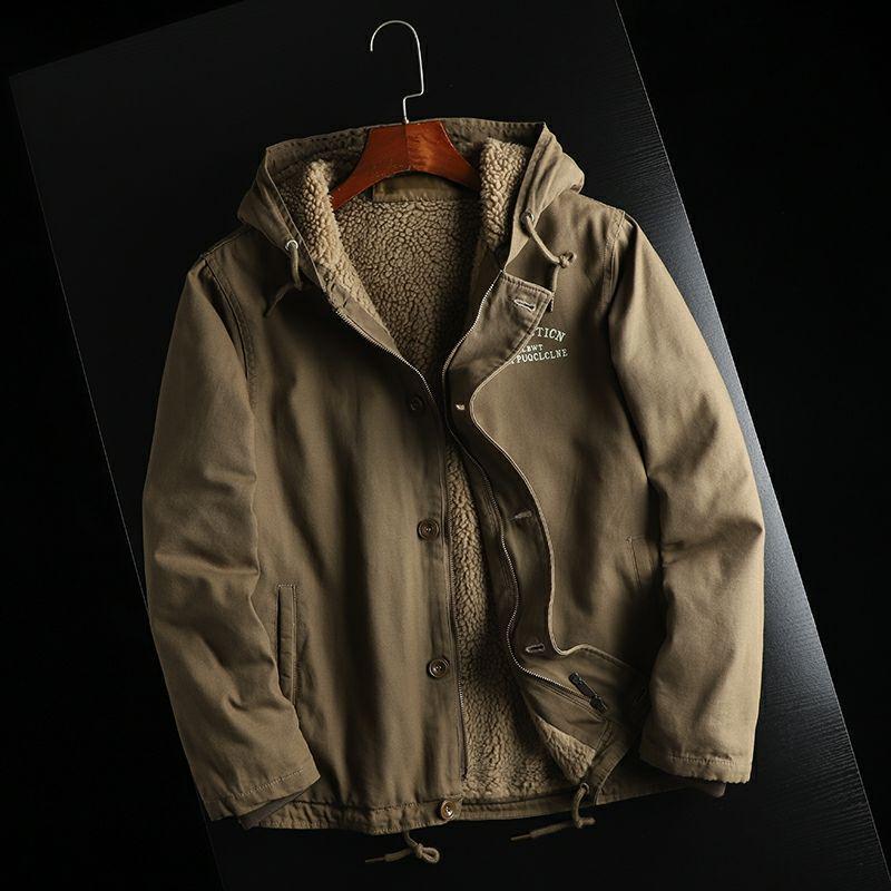 

Men’s 2022 Hooded Cotton Jacket with Fleece, Thickened for Autumn/Winter, Lambswool Coat, Retro American Style. XXXXL 180-200 jin верблюд