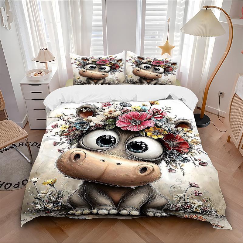 3pcs Anime Hippo Floral Bedding Set - Includes One Quilt Cover and Two Pillowcases (No Core) - Polyester Fabric, Perfect for Bedroom and Gue